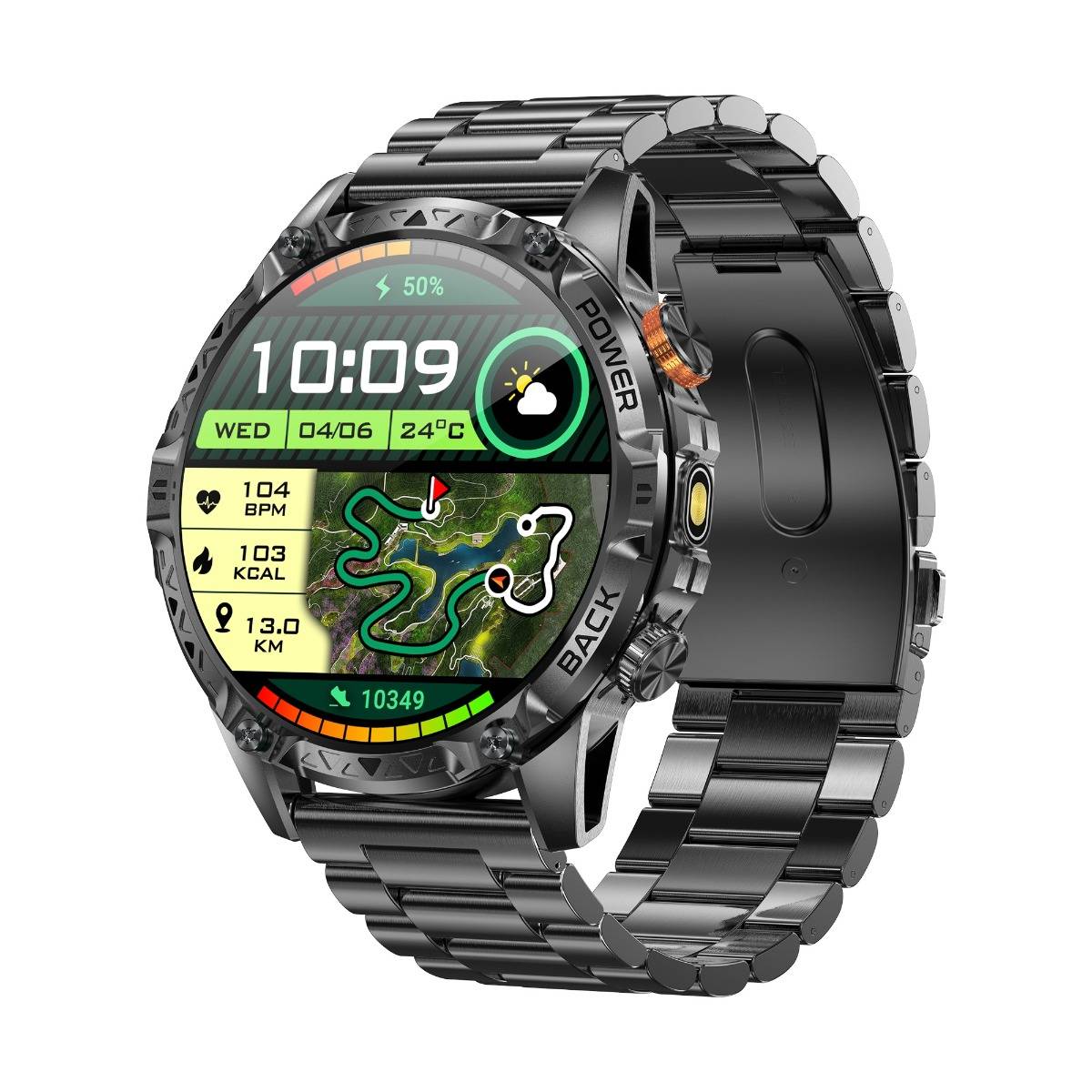 Schwarze Smartwatch mit Metallarmband zeigt 10:09, Wetter, Herzfrequenz, Kalorien, Entfernung, Akkuladestand und eine Fitness-Routenkarte