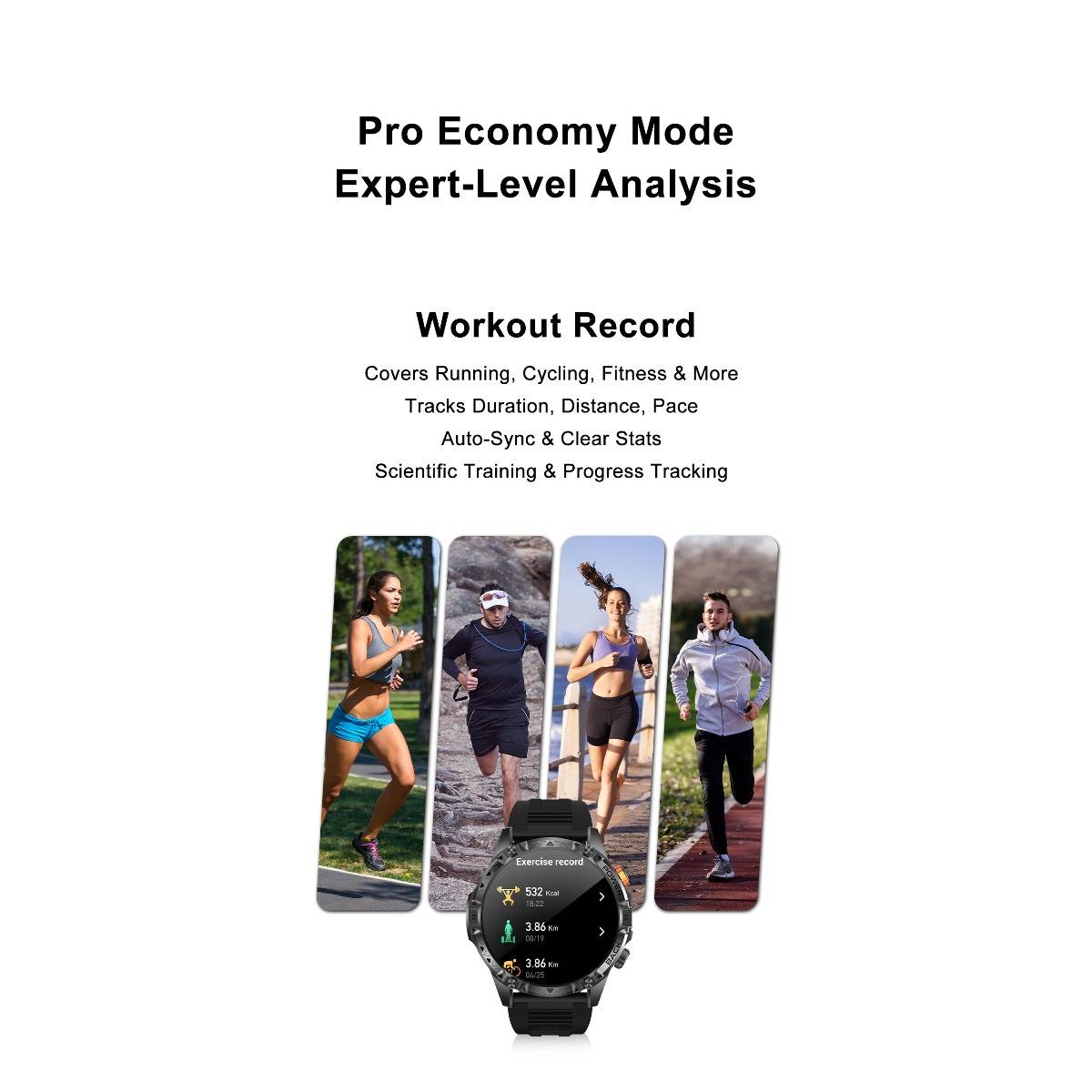 Werbegrafik für „Trainingsrekord" im „Pro Economy Mode Expert-Level Analysis"" mit Läufern und einer Smartwatch, die Laufen, Radfahren, Fitness, Dauer, Distanz, Tempo und Fortschrittsstatistiken verfolgt.