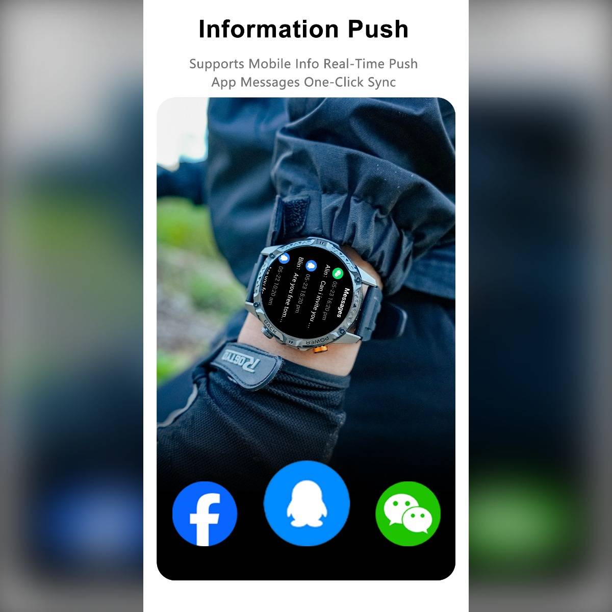 Werbegrafik mit dem Titel „Information Push", die eine Smartwatch zeigt, die Benachrichtigungen von mobilen Apps erhält, mit Facebook-, Snapchat- und WeChat-Symbolen darunter.