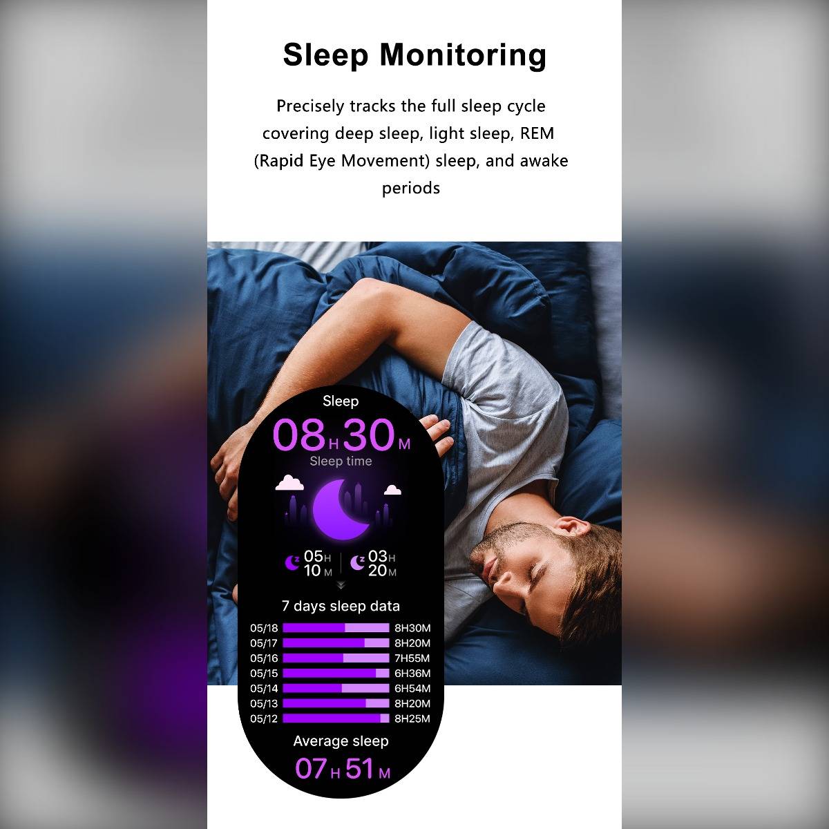 Schlaf-Überwachungs-App-Anzeige mit einer schlafenden Frau im Bett und einer smartwatch-ähnlichen Schlafzusammenfassung: 8 h 30 m Schlafzeit, 7-Tage-Schlafdaten, durchschnittlicher Schlaf 7 h 51 m.