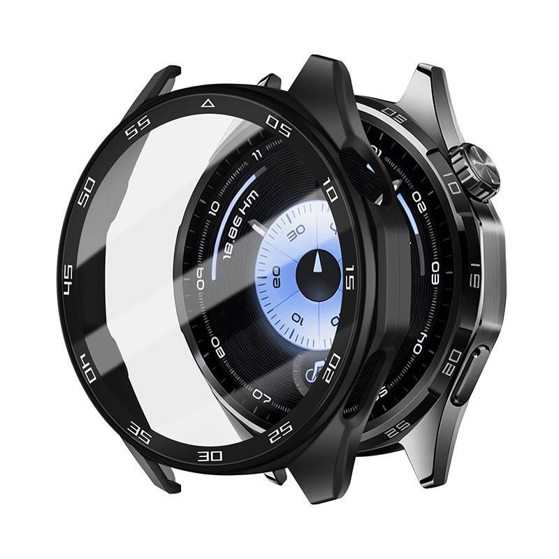 Schwarze analoge Smartwatch mit rundem digitalen Zifferblatt und schwarzer Lünette, dargestellt in einer Seitenansicht auf weißem Hintergrund.