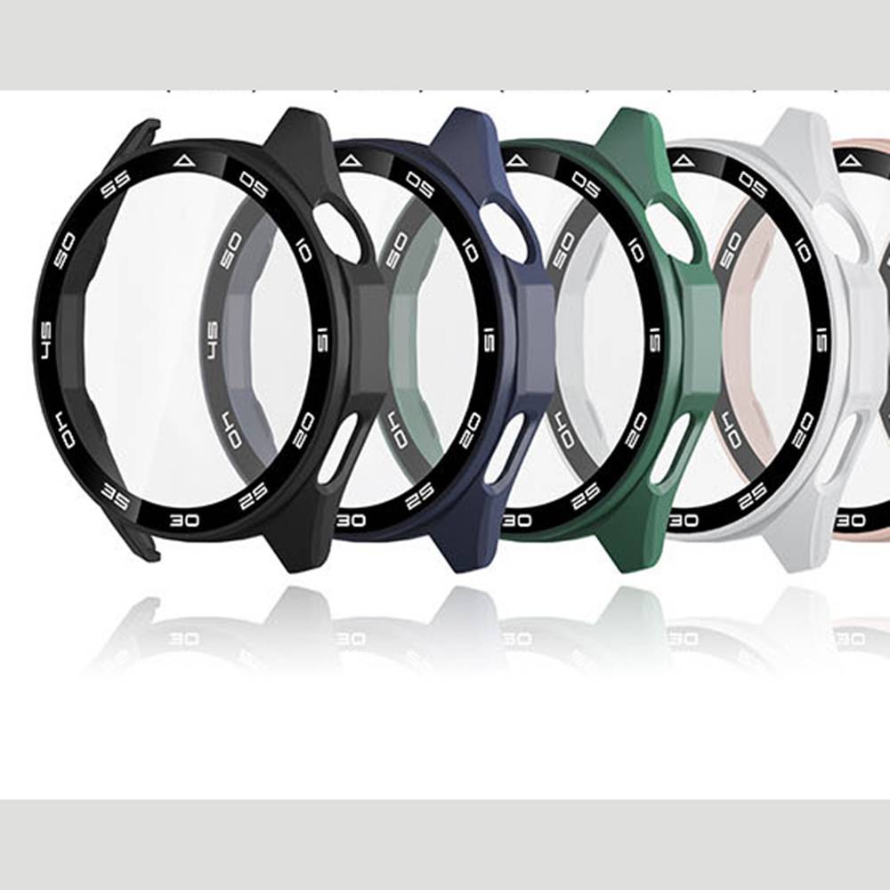 Fünf austauschbare Smartwatch-Lünetteneinfassungen in Schwarz, Dunkelgrau, Blau, Grün und Weiß, die in einer Reihe auf weißem Hintergrund angezeigt werden.