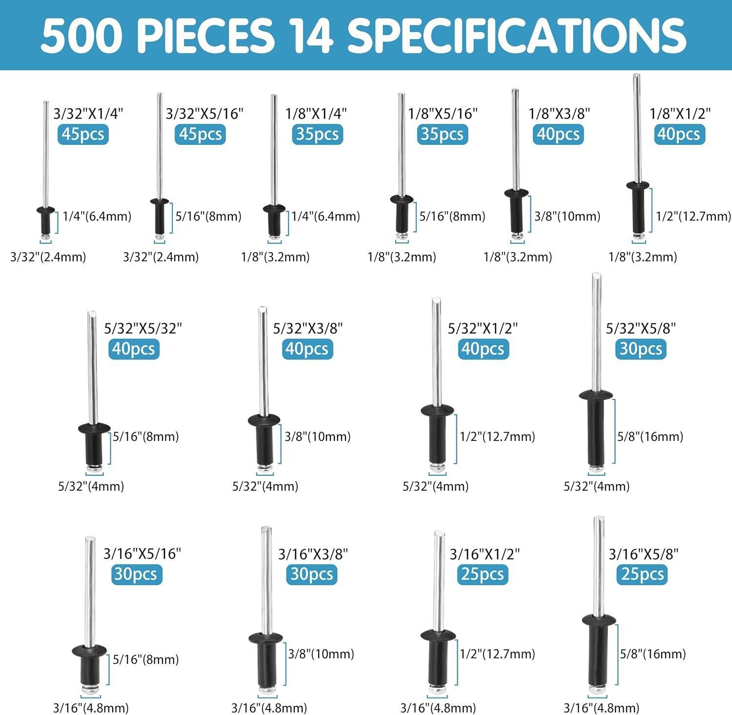 Diagramm von 14 Blindniet-Größen in einer 500er-Packung, das jede Größe und Menge mit Abmessungen in Zoll und Millimetern zeigt.