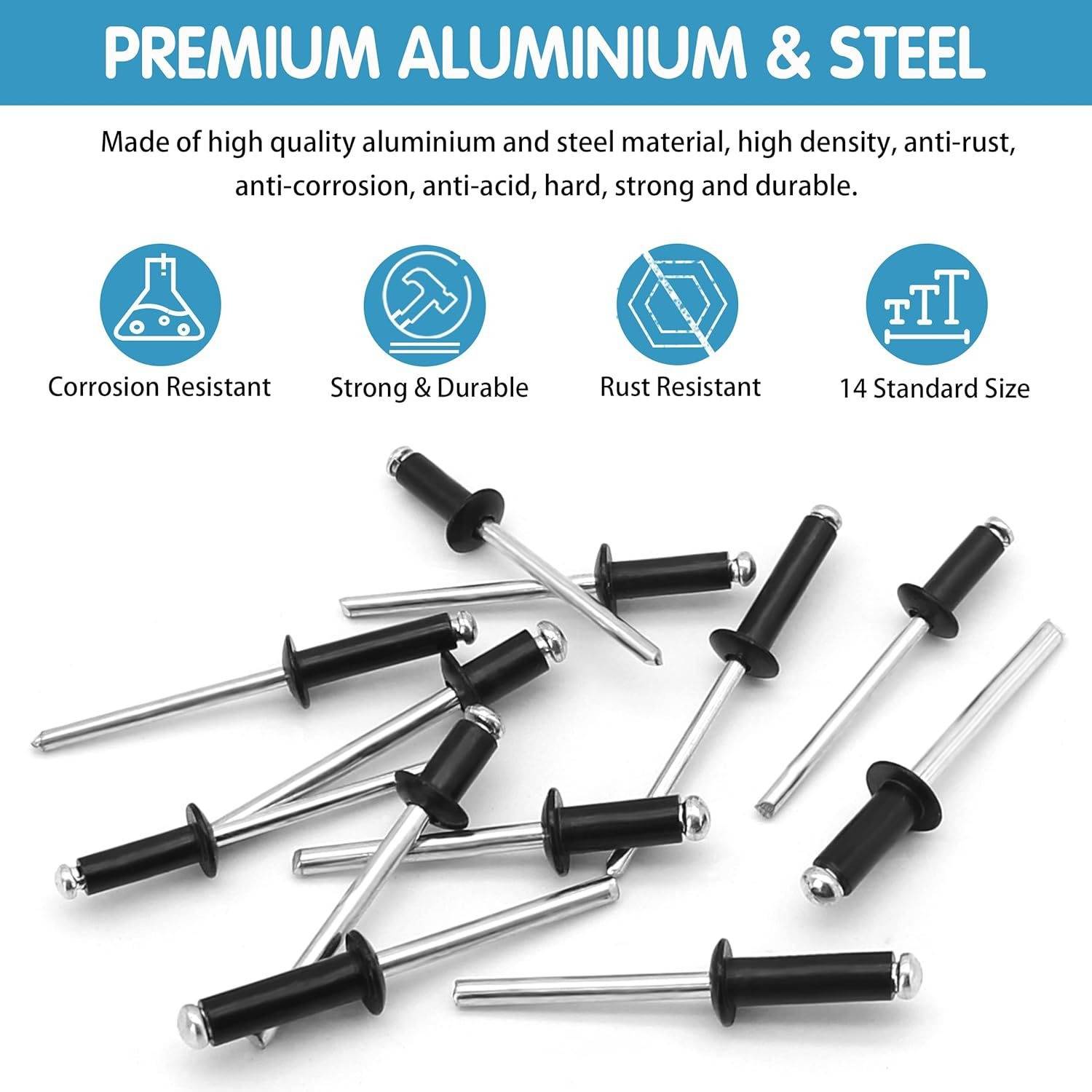 Produktbild von schwarzen und silbernen Blindnieten mit der Bezeichnung „Premium Aluminium & Stahl