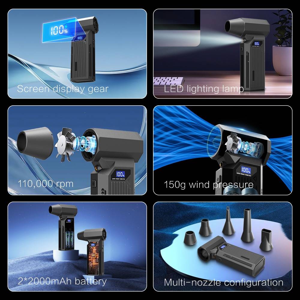 Sechsteiliges Produktgrafik eines tragbaren Gebläses/Staubsaugers mit LED-Bildschirm, Licht, 110.000 U/min Motor, 150g Winddruck, dualen 2000mAh-Batterien und Multi-Düsen-Optionen.