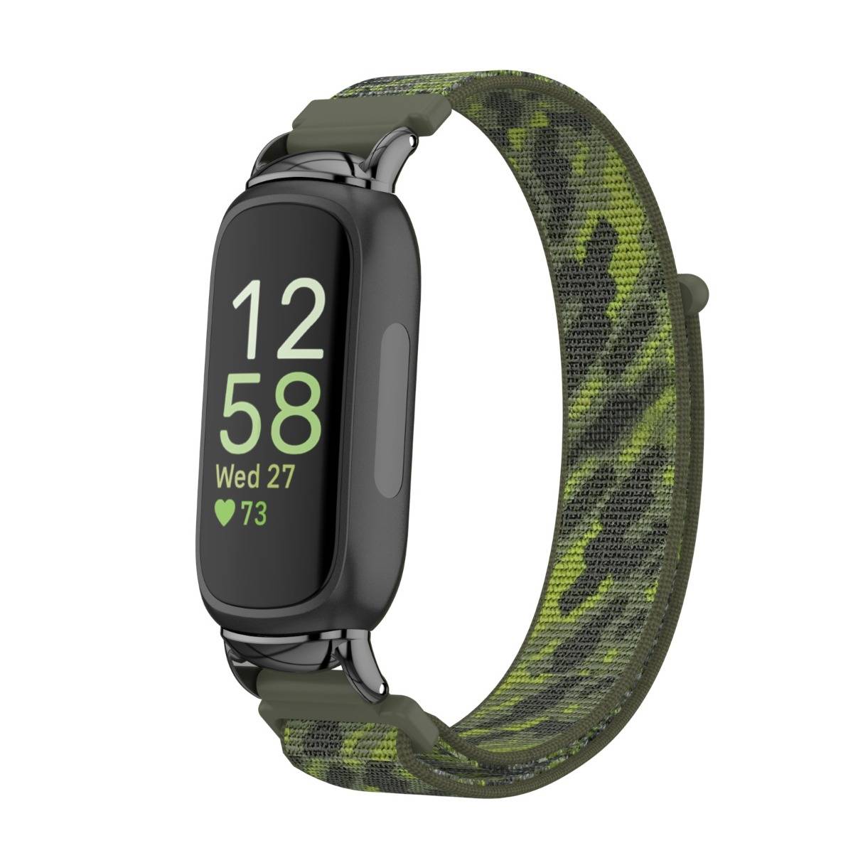 Intelligenter Fitness-Tracker mit schwarzem Bildschirm und grünem Camouflage-Stoffarmband, zeigt 12:58, Mi 27 und Herzfrequenz 73 an.