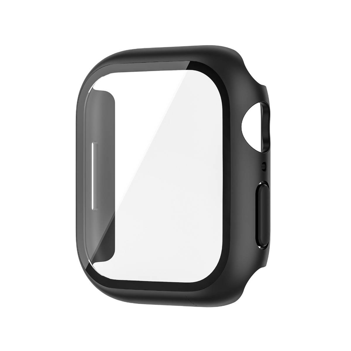 Schwarze Schutzgehäuse für Smartwatch mit transparenter Frontabdeckung, in Seitenansicht auf weißem Hintergrund dargestellt.