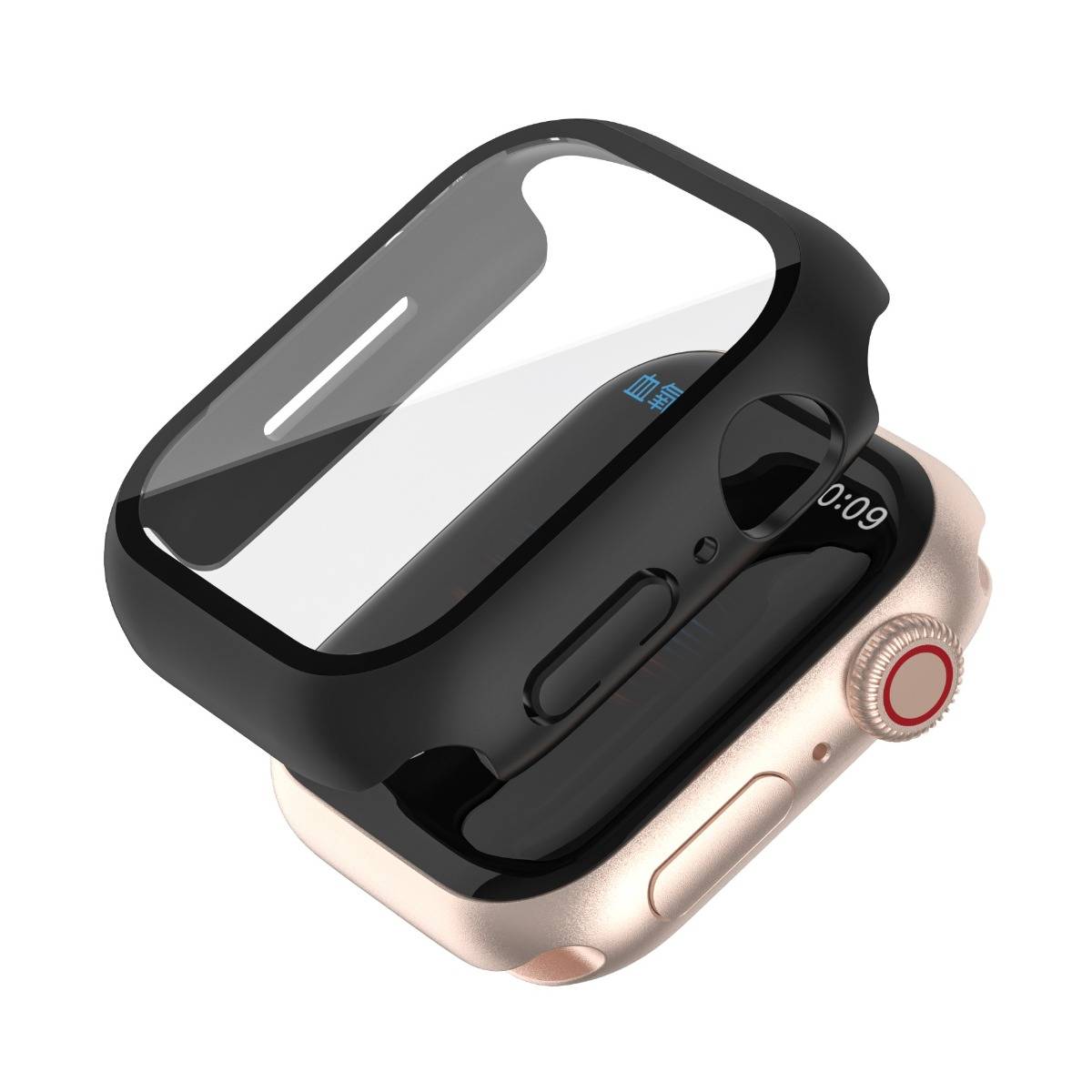 Schwarze Schutzhülle auf einer beigen Smartwatch angebracht, wobei das Display und die digitale Krone durch Aussparungen sichtbar sind.