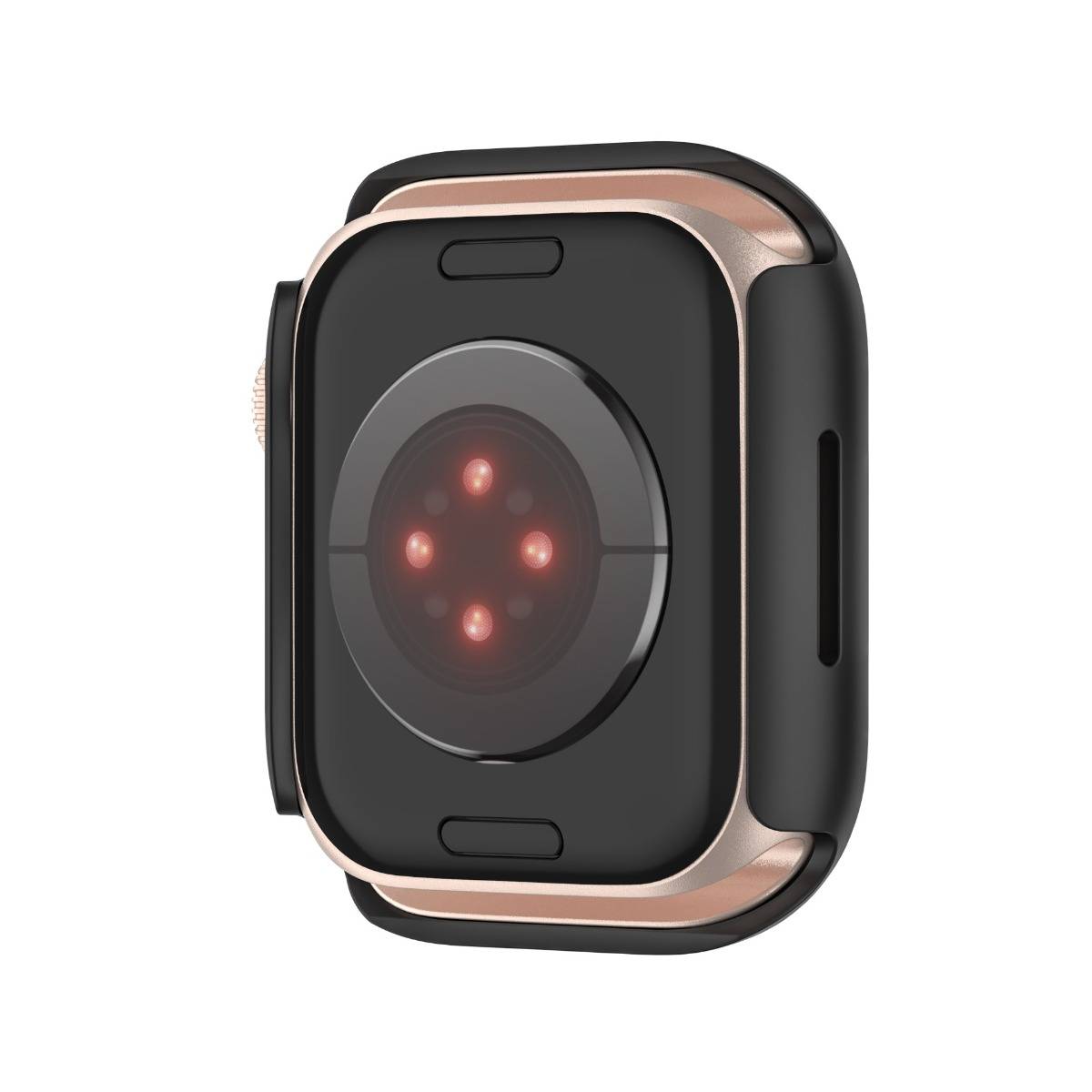 Nahaufnahme einer schwarzen Smartwatch mit rosegoldfarbenen Elementen mit einem runden Sensoren-Cluster auf der Rückseite, gezeigt auf weißem Hintergrund.