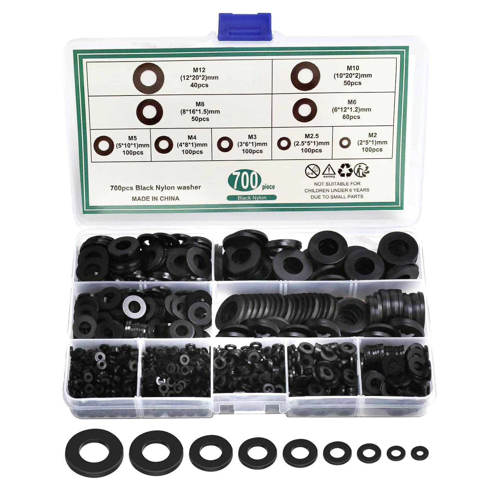 Kunststoff-Organizer-Box mit 700 schwarzen Nylon-Unterlegscheiben in verschiedenen Größen, mit Deckel-Etikett, das die Mengenaufschlüsselung zeigt und Unterlegscheiben unten angezeigt.