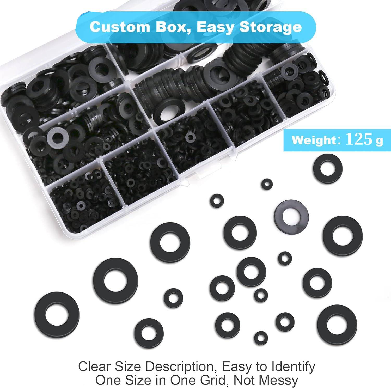 Durchsichtige Kunststofforganizer-Box gefüllt mit schwarzen Unterlegscheiben, mit losen Unterlegscheiben darunter und Etiketten mit der Aufschrift „Custom Box, Easy Storage
