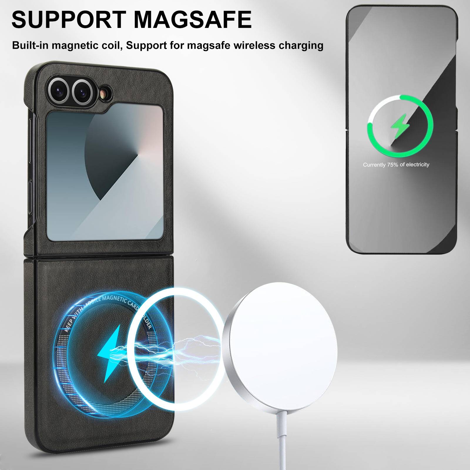Darstellung eines Handyhüllengehäuses mit integrierter MagSafe-Magnetspule, zeigt die Ausrichtung des kabellosen Ladens und den Ladefortschritt auf einem Telefonbildschirm.