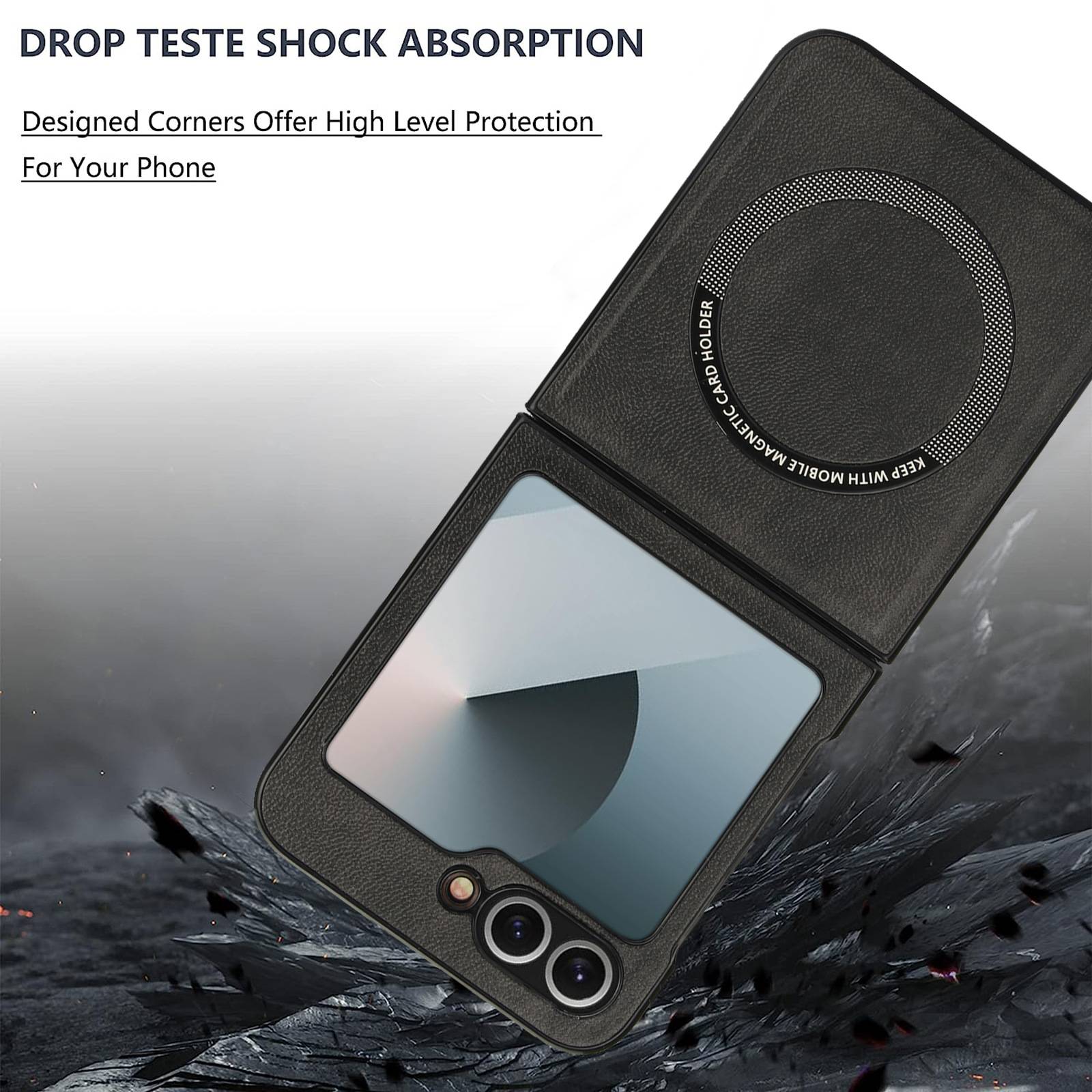 Schwarze faltbare Handyhülle, die einen Drop-Test-Aufprall übersteht, mit dem Text „DROP TEST STOSSABSORPTION" und „Abgerundete Ecken bieten hohen Schutz für Ihr Telefon"" hervorgehoben, wodurch der Stoßschutz betont wird.