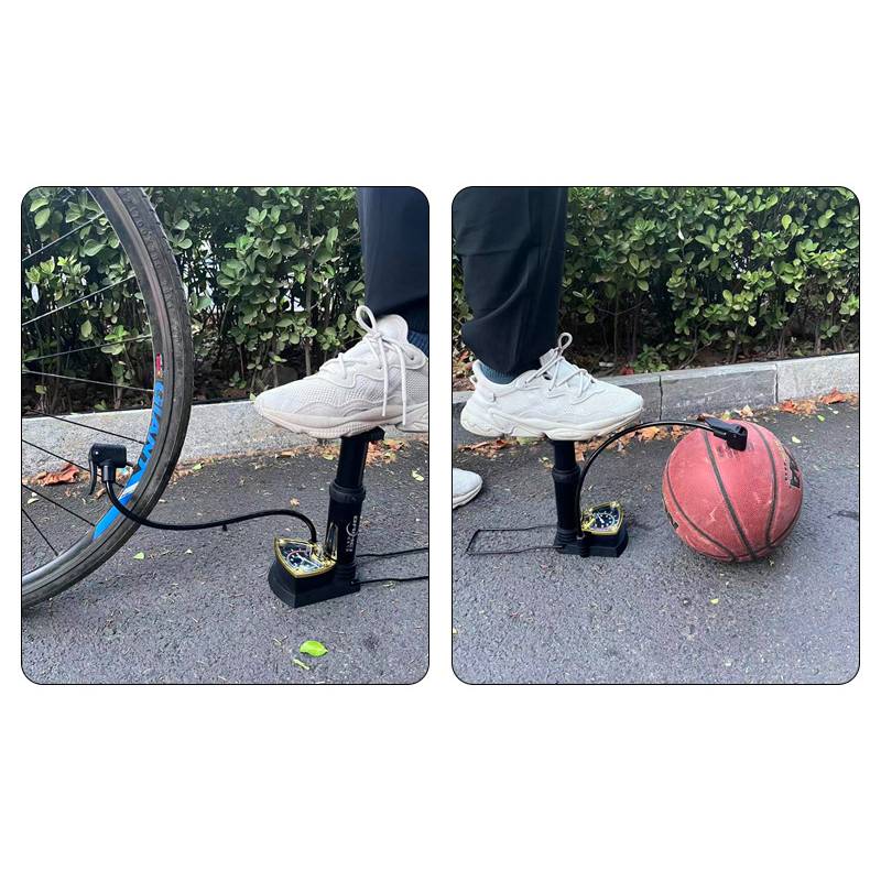 Zwei Fotos zeigen eine fußbetriebene Pumpe, die zum Aufpumpen eines Fahrradreifens verwendet wird, und einen roten Basketball im Freien auf dem Pflaster.