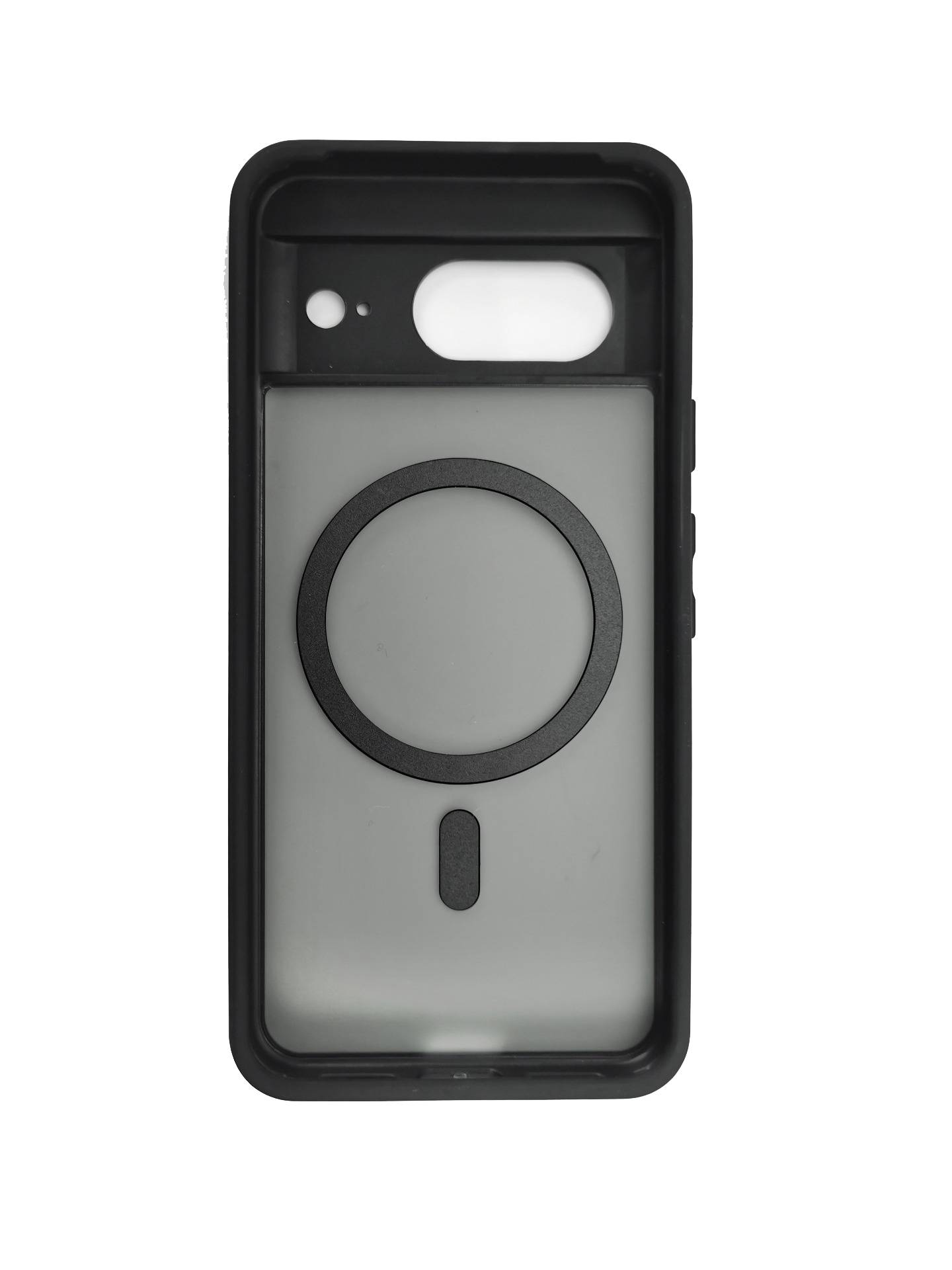 Eine Smartphone-Schutzhülle mit integriertem kreisförmigem Magnetring und ovalem Kameraausschnitt, von hinten auf weißem Hintergrund dargestellt.