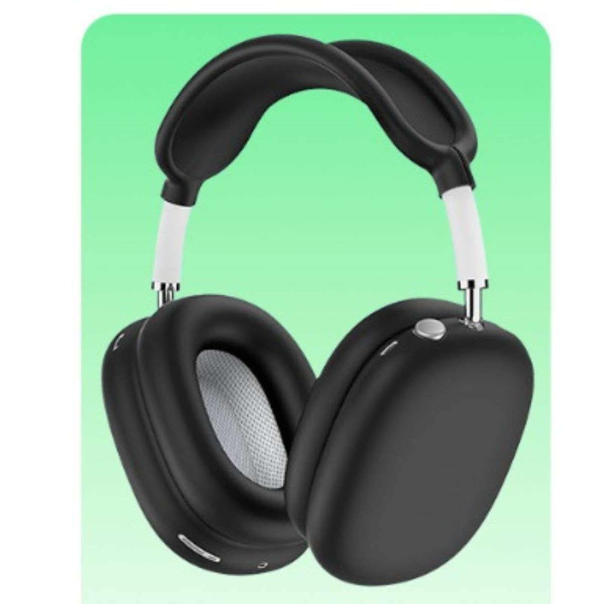 Schwarze Over-Ear-Kopfhörer mit gepolsterten Ohrmuscheln und einem gepolsterten Kopfbügel auf mintgrünem Hintergrund.