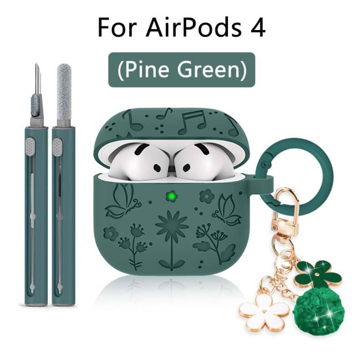 Tannengrüne AirPods-4-Hülle mit Blumenmuster, geöffnet dargestellt mit Ohrhörern im Inneren, plus passendes Reinigungszubehör und Schlüsselanhänger-Charm.