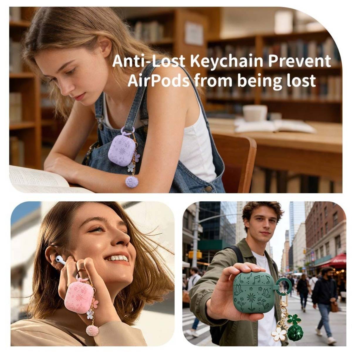 Werbecollage mit Anti-Verlust-Schlüsselanhängern für AirPods: ein Student am Schreibtisch, eine Frau mit rosa Ohrhörern und ein Mann, der ein grünes AirPods-Etui auf einer Straße in der Stadt hält.