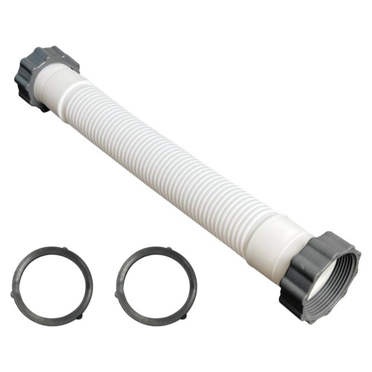 Weiße gewellte flexible Schläuche mit Gewinde-Grauendfittings, dargestellt mit zwei schwarzen Dichtungsringen auf weißem Hintergrund.
