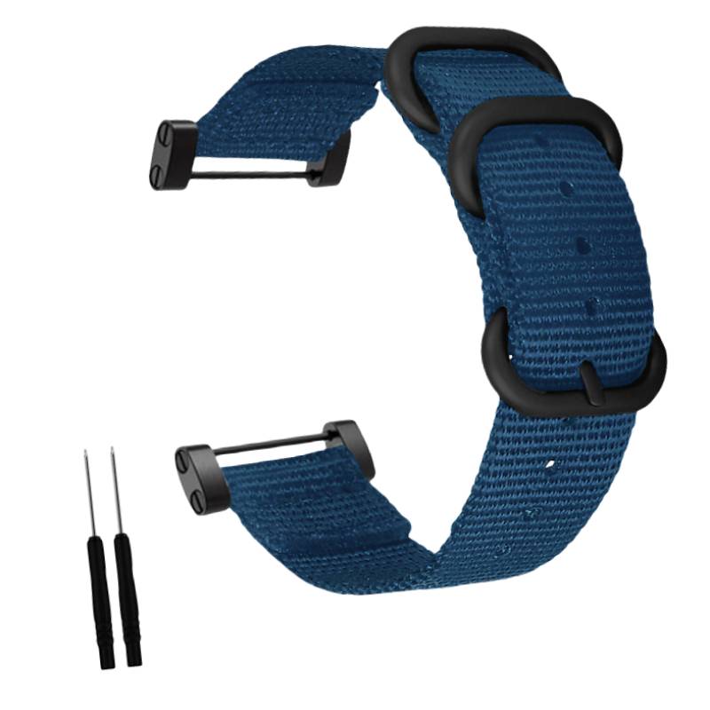 Blauer Nylon-Uhrenarmband mit schwarzen Metallschlaufen und Federstäben auf weißem Hintergrund