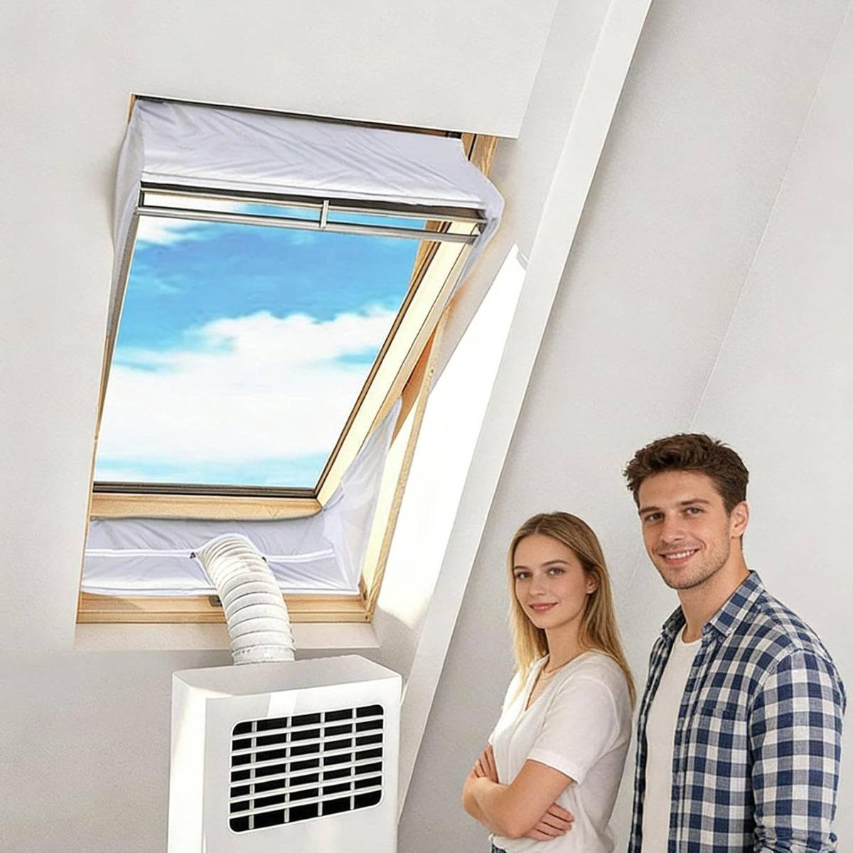 Zwei lächelnde Menschen stehen neben einem tragbaren Klimagerät, das durch ein Dachflächenfenster in einem hellen Raum belüftet wird.