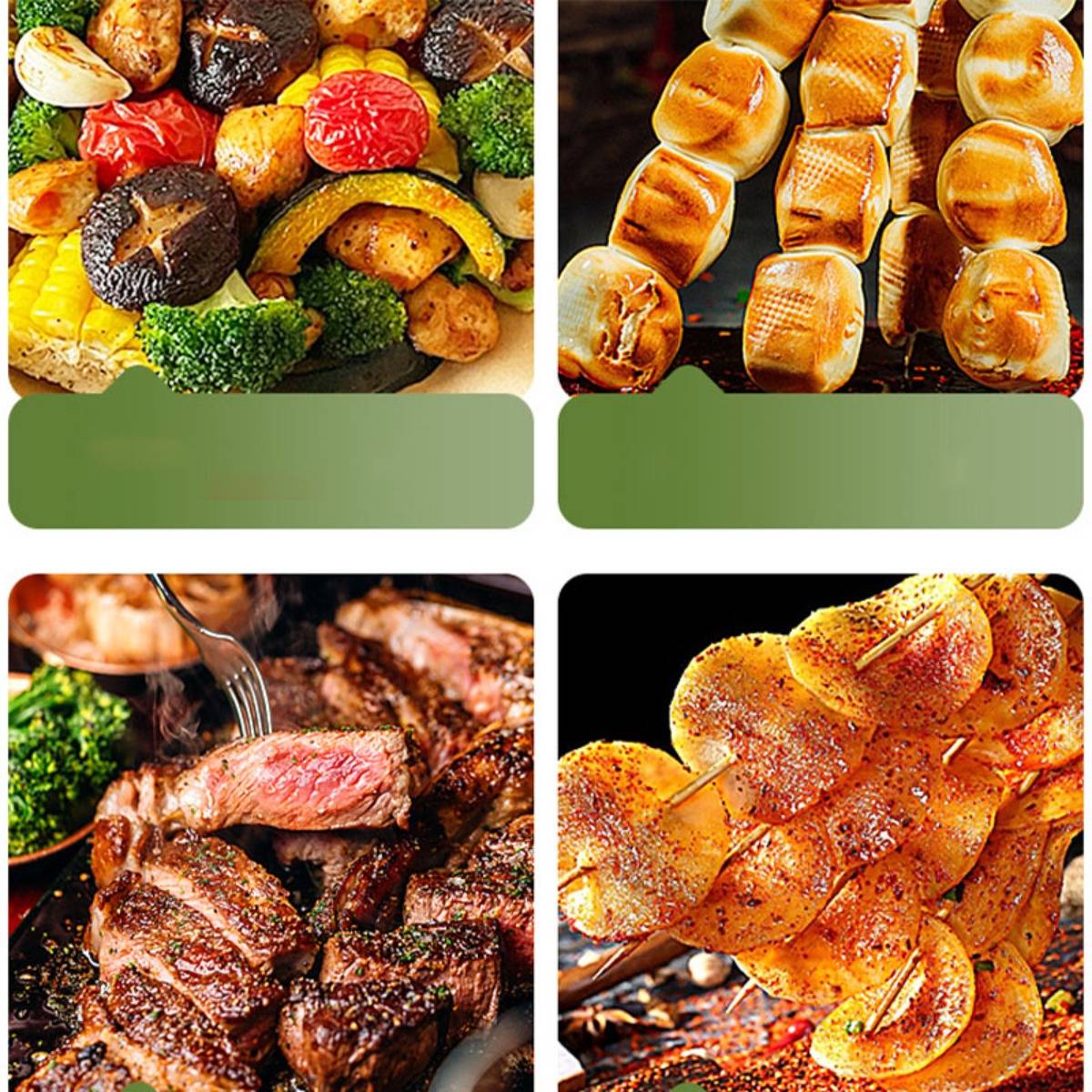 Vier Lebensmittelfotos in einem 2x2-Gitter: geröstetes Gemüse, gegrillte Brötchen, geschnittenes Steak und gewürztes Hähnchen am Spieß.