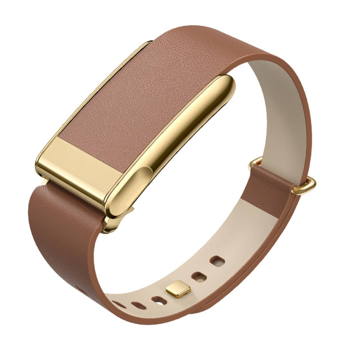 Braunes Lederfitnessarmband mit goldener Schließe und Schnalle, isoliert auf weißem Hintergrund dargestellt.