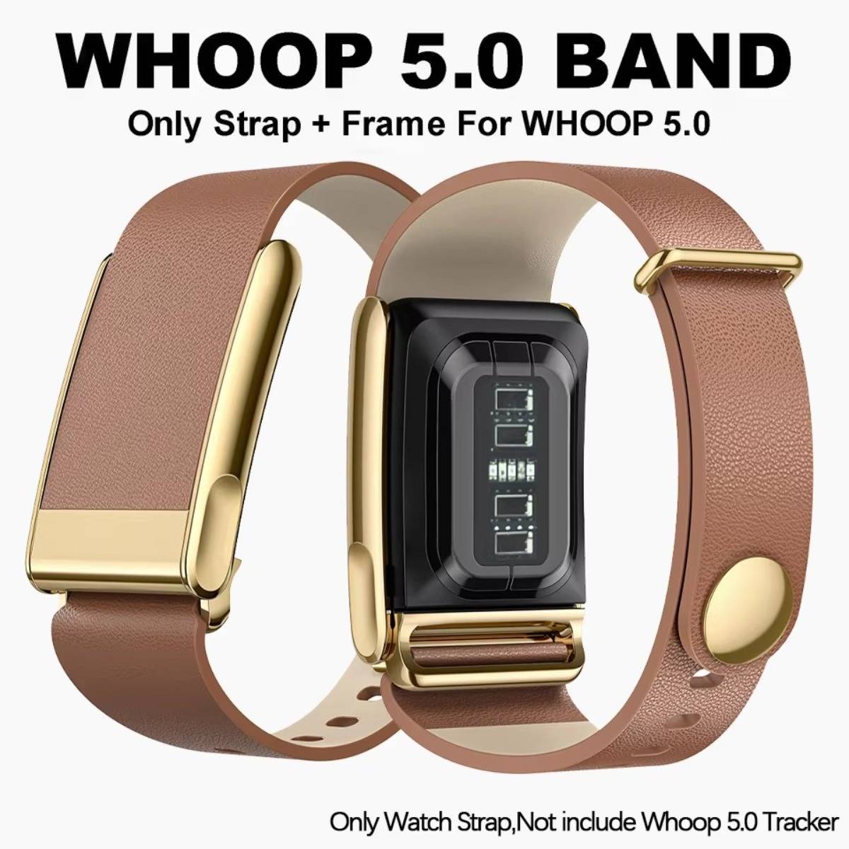 Produktbild eines braun lederähnlichen WHOOP 5.0 Armbands mit goldenem Rahmen, das um den Tracker gewickelt ist; der Text besagt „WHOOP 5.0 BAND" und „Nur Riemen + Rahmen für WHOOP 5.0"".
