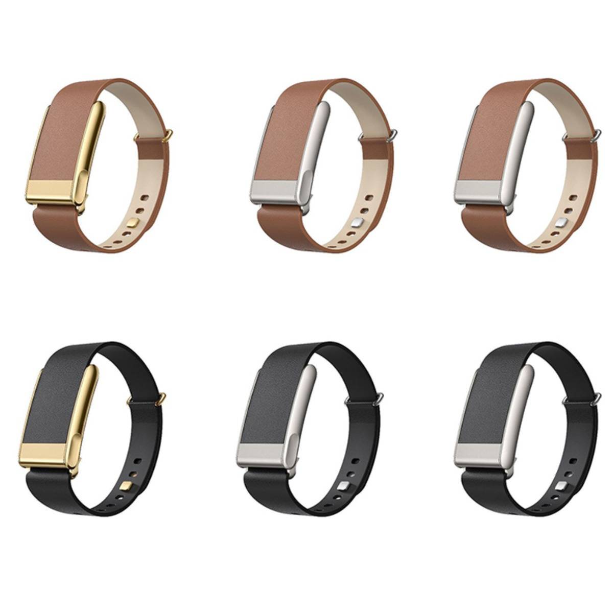 Sechs Fitness-Tracker-Bänder in einem 3x2-Gitter, in Braun und Schwarz mit Gold- oder Silberbeschlägen, auf weißem Hintergrund.