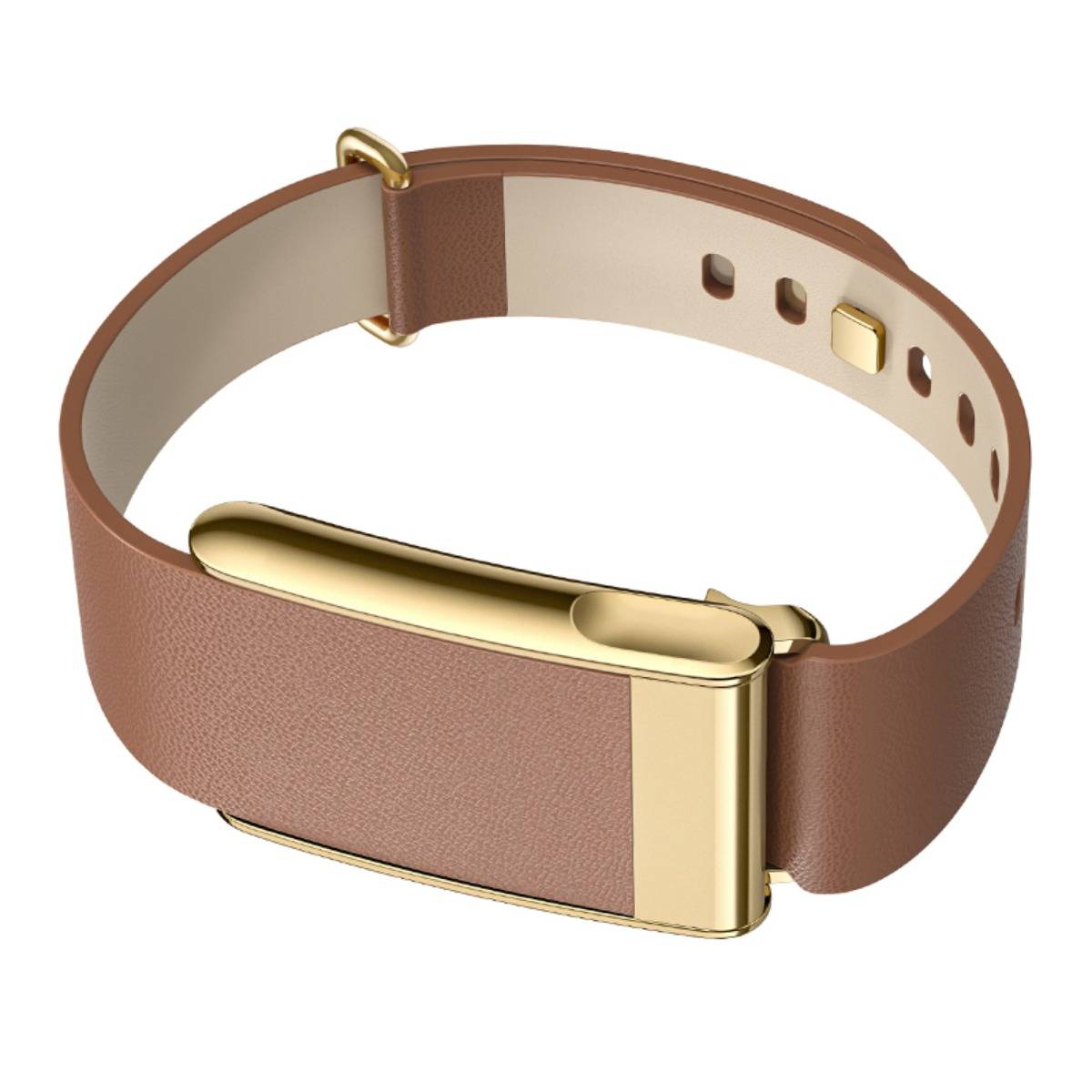 Braunes Lederarmband für Smartwatch mit goldenem Metallverschluss und verstellbaren Löchern auf weißem Hintergrund.