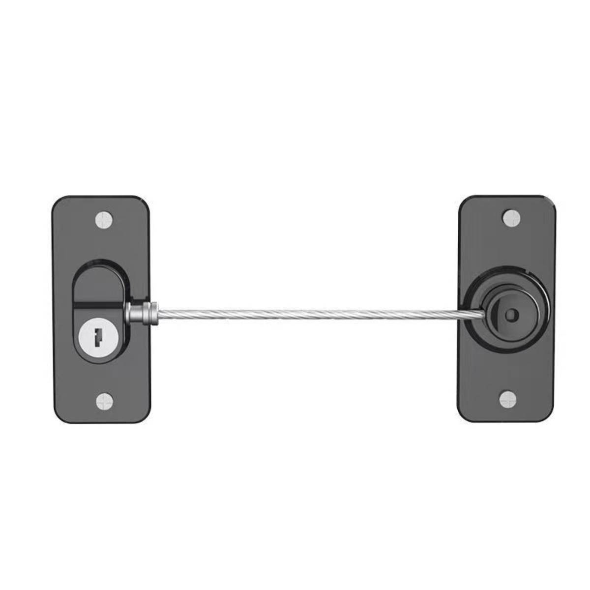 Zwei Türschlossplatten, die durch ein Kabel verbunden sind und einen Sicherheits- oder Verschlussmechanismus in geschlossener Position zeigen.