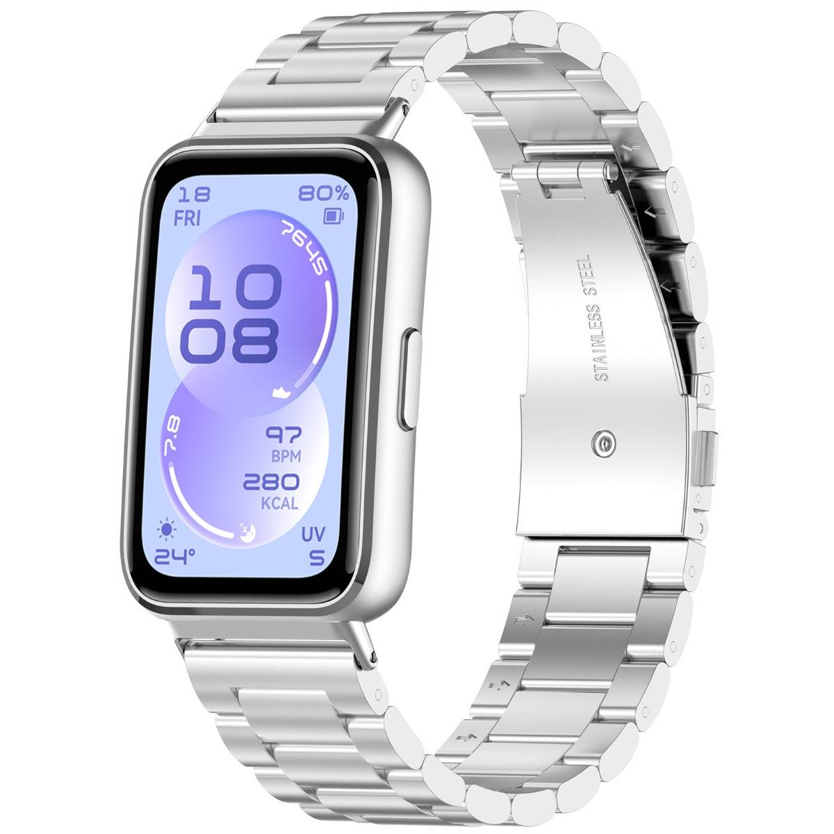 Silberne Smartwatch mit Metallgliedband, zeigt ein violettes digitales Zifferblatt mit Uhrzeit, Datum, Herzfrequenz, Kalorien, UV-Index und Temperatur.
