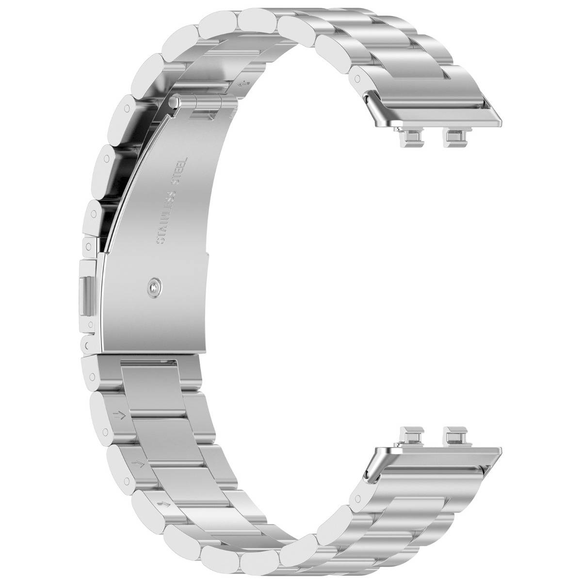 Silbernes Metall-Uhrenarmband mit Verschluss, isoliert auf weißem Hintergrund, in Form eines Buchstabens C