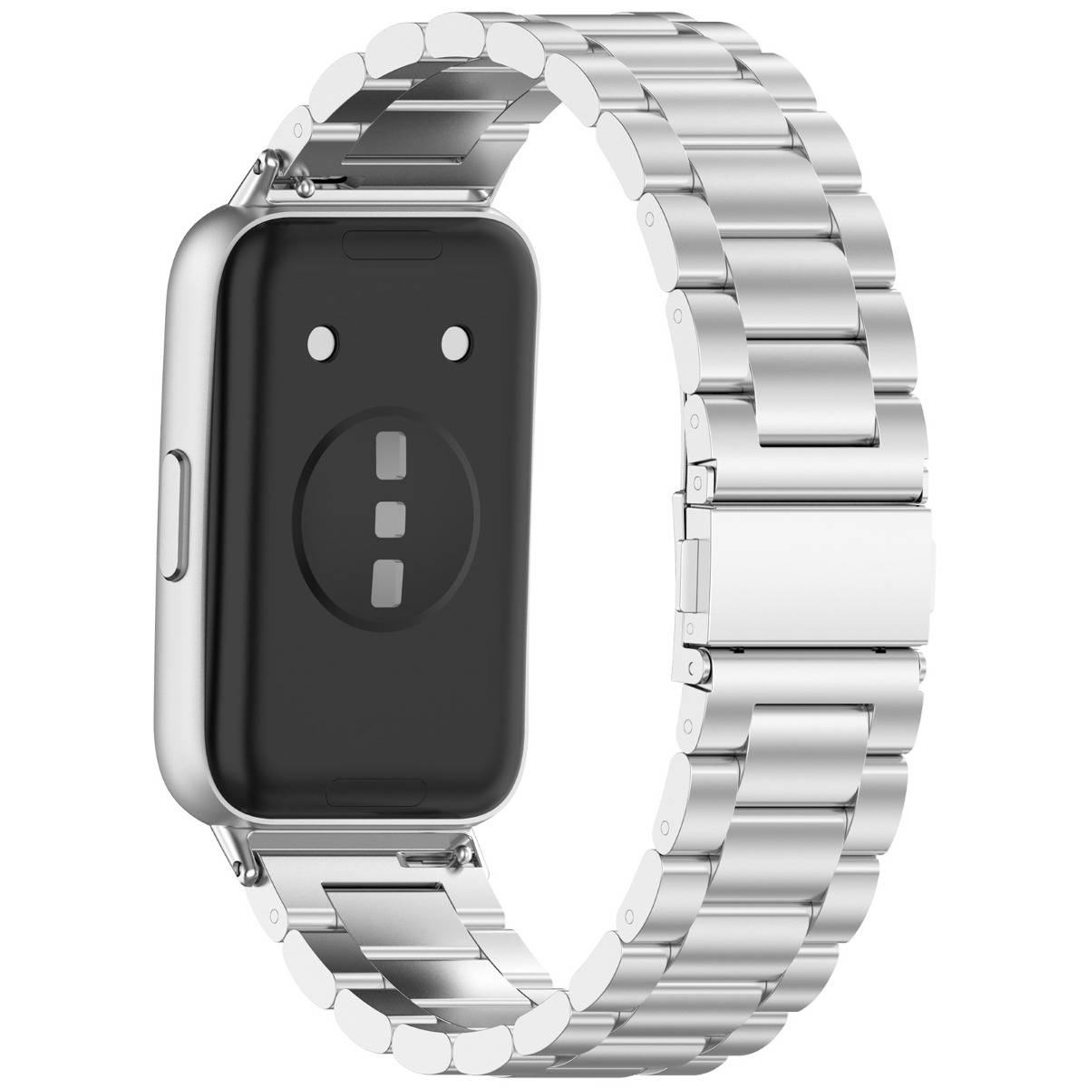 Silbernes Metall-Smartwatch-Armband mit schwarzer Uhrenrückseite, dargestellt in einer produktstilisierten Ansicht auf weißem Hintergrund.