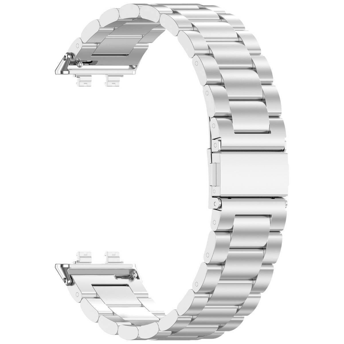 Silbernes Metallarmband für Uhren mit Verschluss, isoliert auf weißem Hintergrund dargestellt.