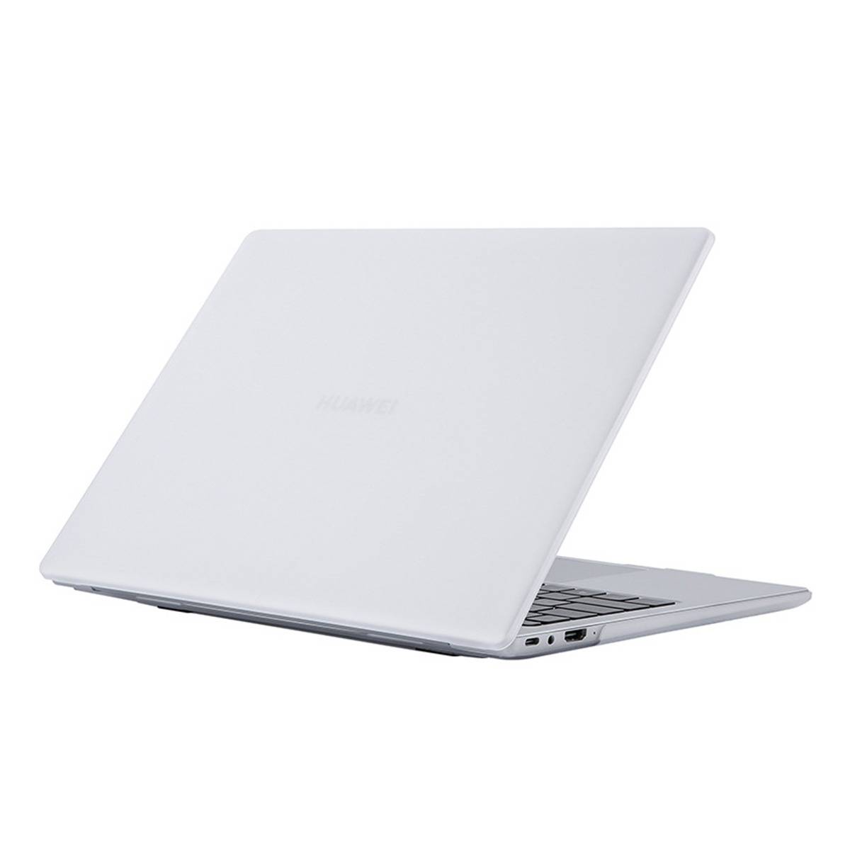 Silberner Laptop, teilweise geöffnet auf weißem Hintergrund, in einem Winkel positioniert, um den Deckel und die Tastaturseite zu zeigen.