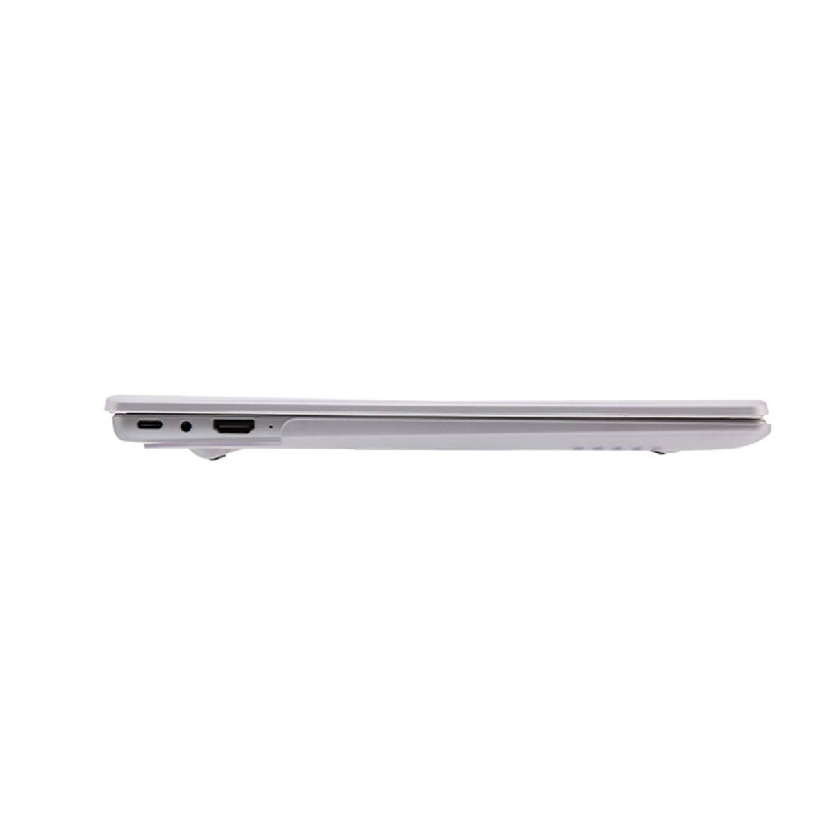 Seitenansicht eines geschlossenen silbernen Laptops auf weißem Hintergrund, die sein dünnes Profil und die Anschlüsse auf der linken Seite zeigt.