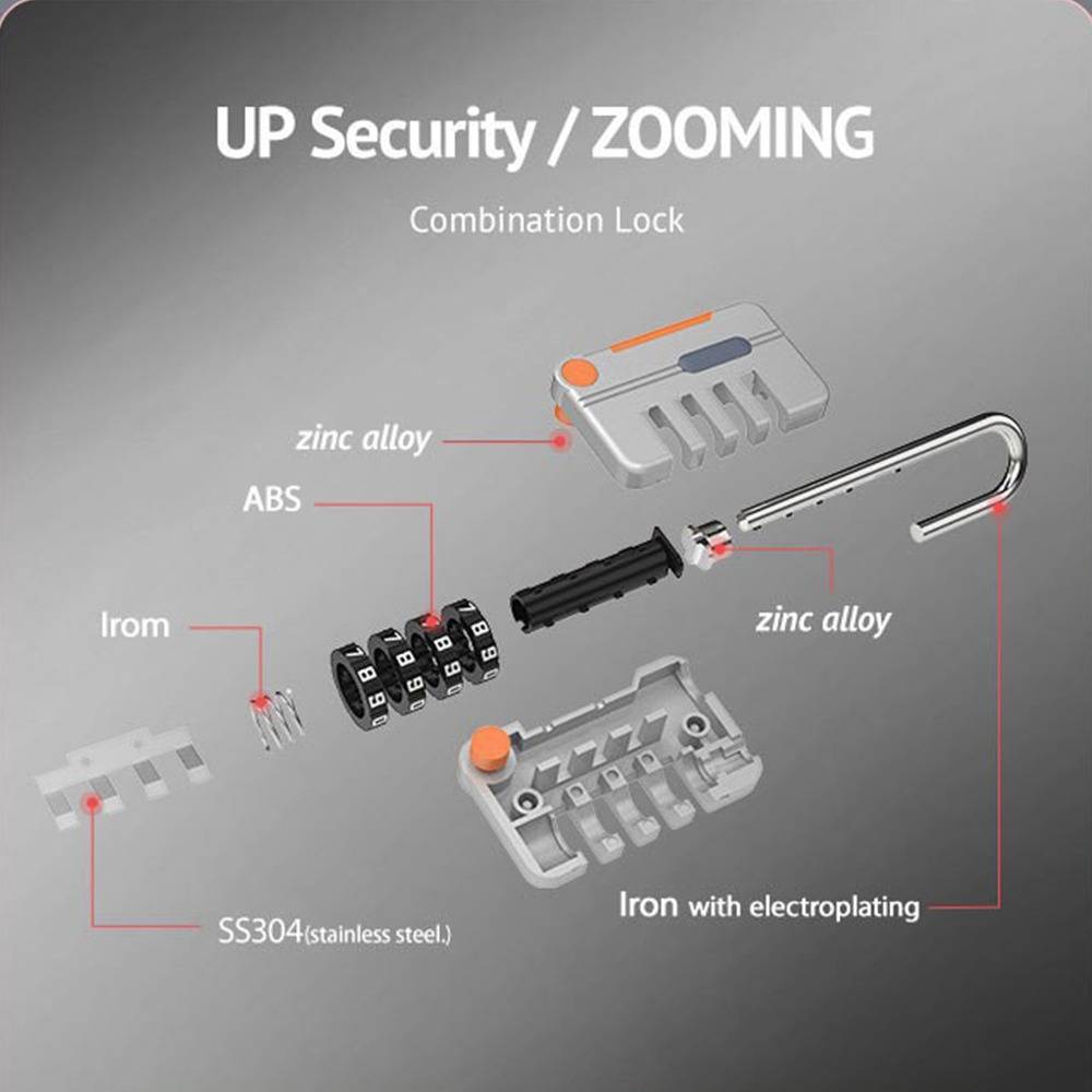 Sprengzeichnung des UP Security ZOOMING-Kombinationsschlosses mit gekennzeichneten Teilen aus Zinklegierung, ABS, Eisen, SS304-Edelstahl und Eisen mit Galvanisierung.