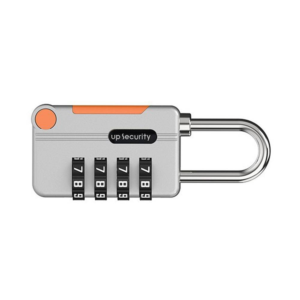 Silbernes 4-stelliges Kombinationsvorhängeschloss mit orangefarbenen Akzenten und verlängertem Bügel, mit der Bezeichnung "up security"".
