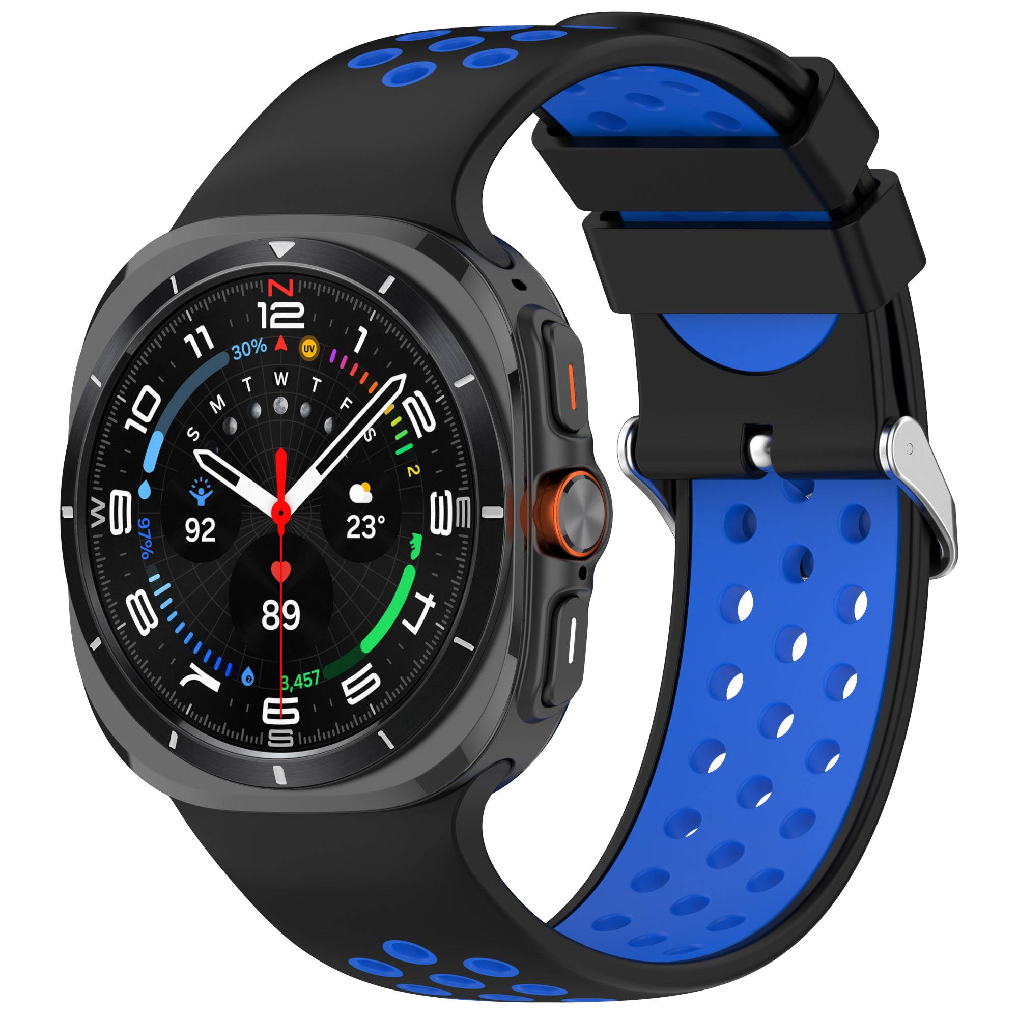 Schwarze Smartwatch mit rundem Zifferblatt, schwarzem Armband mit blauen Perforationen und analoger digitaler Anzeige, die Fitness- und Wetterkennzahlen anzeigt.