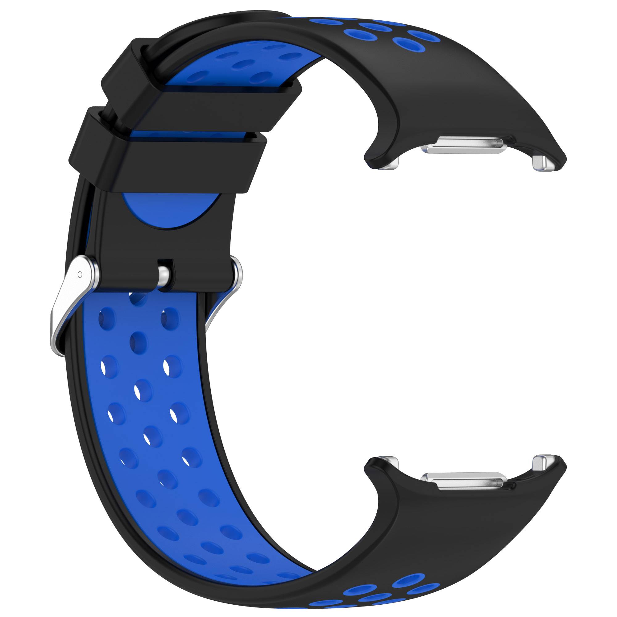 Schwarzes und blaues perforiertes Sportuhrenarmband mit Schnallenverschluss, isoliert auf weißem Hintergrund dargestellt.
