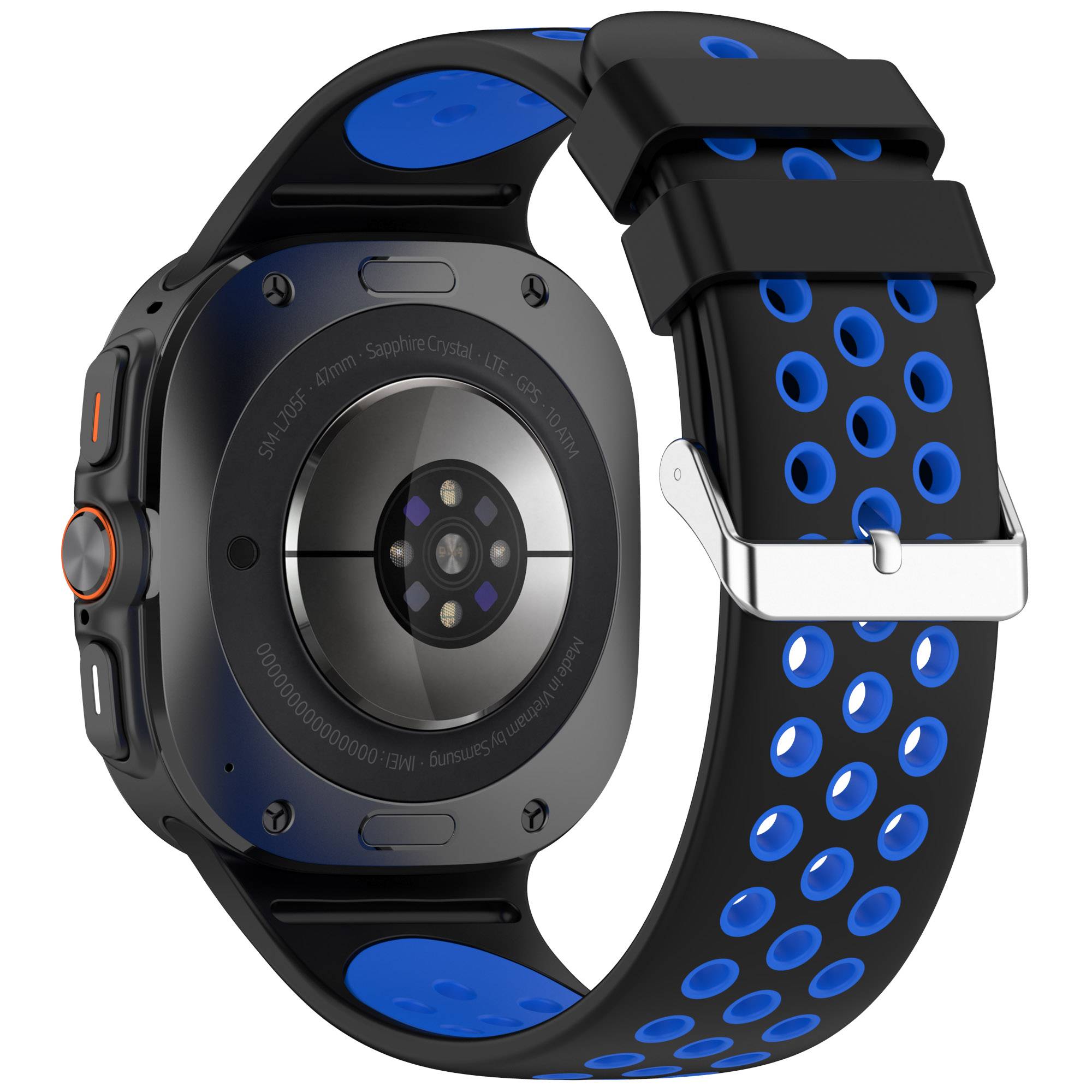 Schwarze Smartwatch von hinten gezeigt, mit Hervorhebung des runden Sensorclusters und dem perforierten schwarz-blauen Sportarmband mit silberner Schnalle.