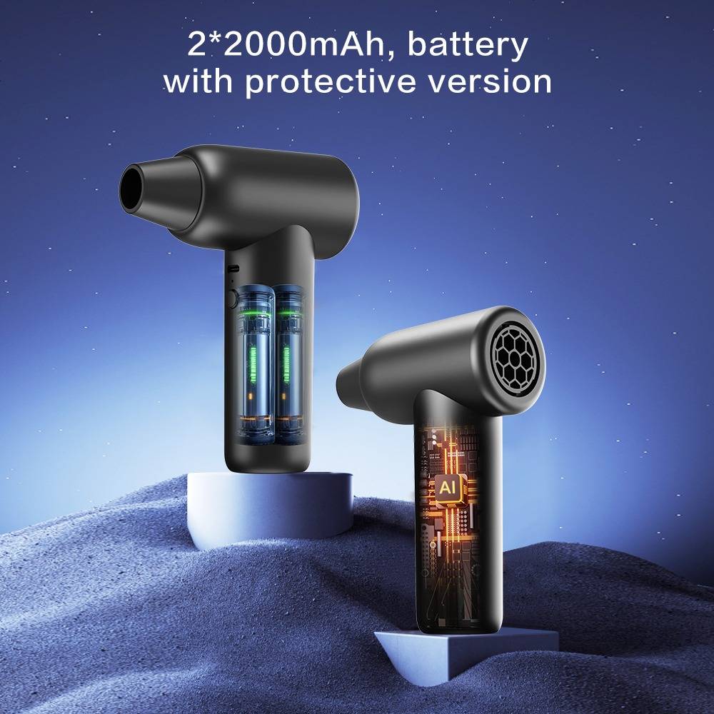 Werbebild eines kabellosen Haartrockners mit sichtbaren Batterien, beschriftet mit "2*2000mAh, Batterie mit Schutzversion"", gezeigt in Schwarz auf blauem Hintergrund.