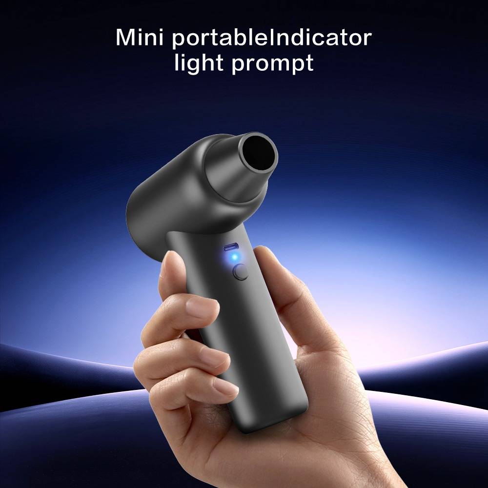 Hand halten ein kompaktes schwarzes tragbares Gerät mit einem kegelförmigen Kopf und leuchtender blauer Anzeigelampe; Text liest "Mini portableAnzeigenlampen-Prompt"".