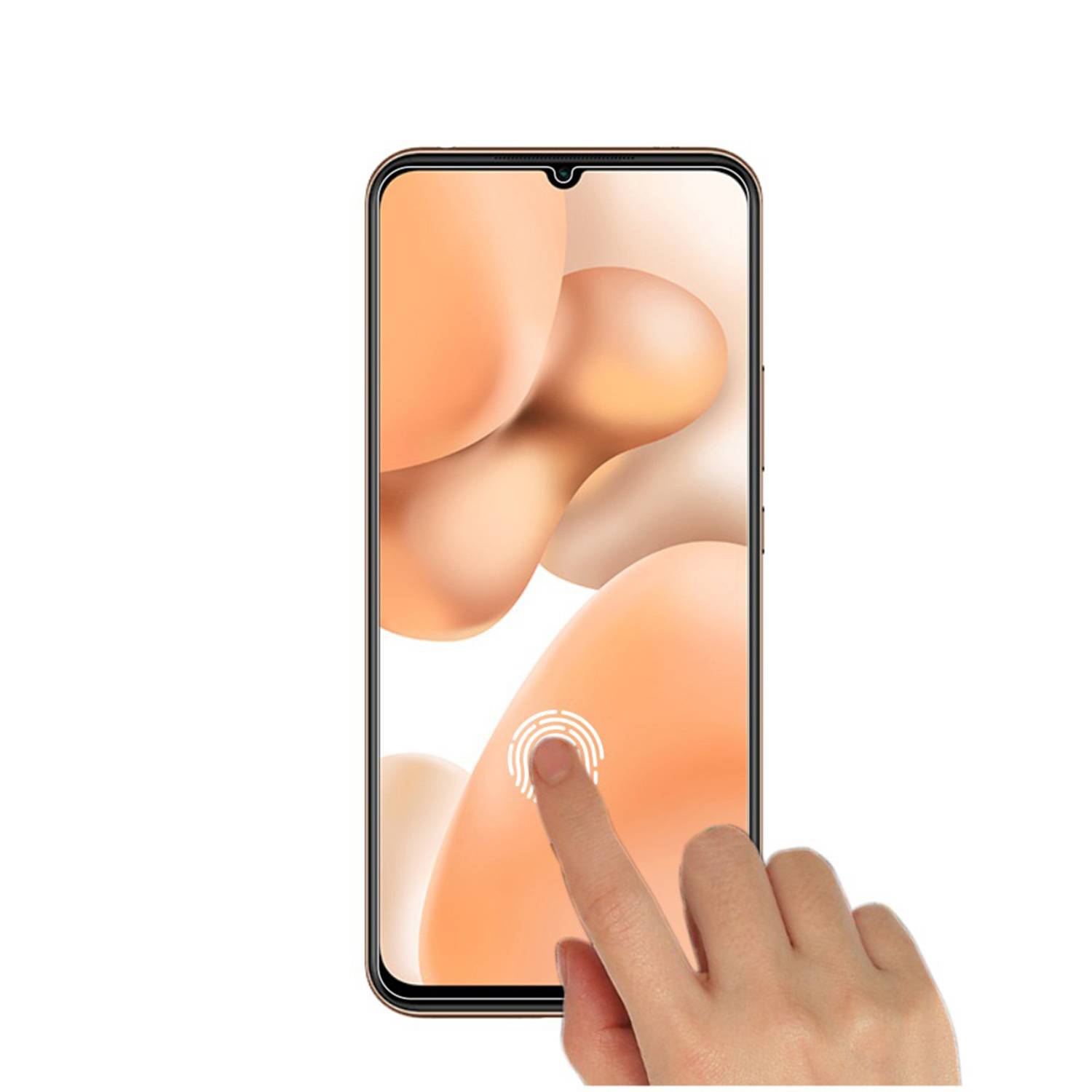 Eine Hand tippt auf ein Smartphone-Display auf ein Fingerabdruck-Symbol, was auf biometrisches Entsperren durch Berührung oder Authentifizierung hinweist.