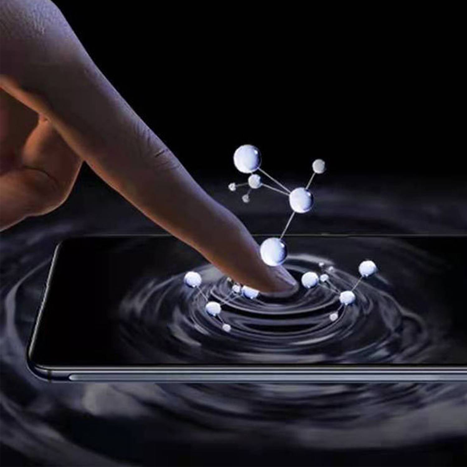 Finger berührt einen Smartphone-Bildschirm und erzeugt Wellen und einen schwebenden Molekülnetzwerk-Effekt über dem Gerät.