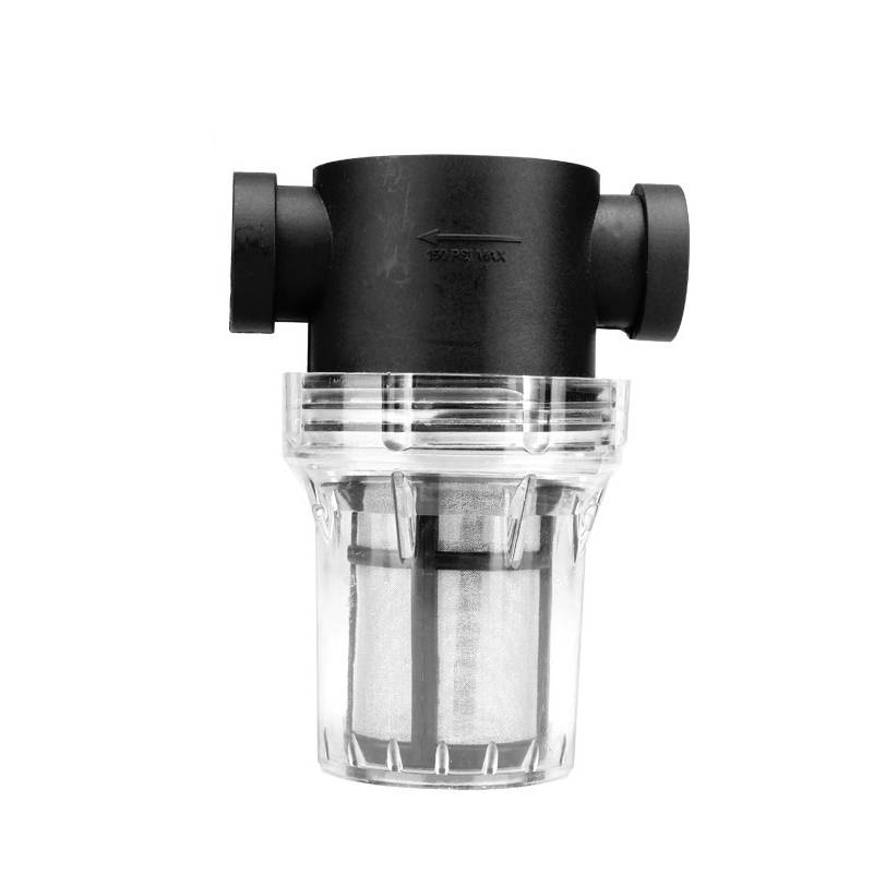 Klarer Inline-Wasserfilter mit schwarzem Deckel und transparenter Auffangkammer, vor weißem Hintergrund.