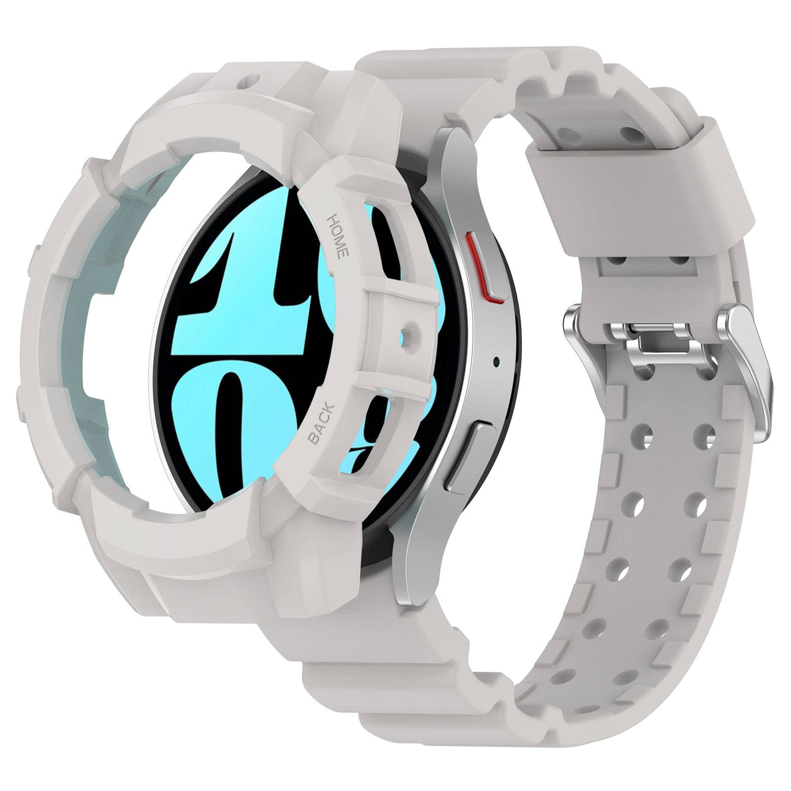 Weiße robuste Smartwatch mit grauem perforierten Armband, von hinten dargestellt mit Seitentasten und teilweise sichtbarem rundem Display.