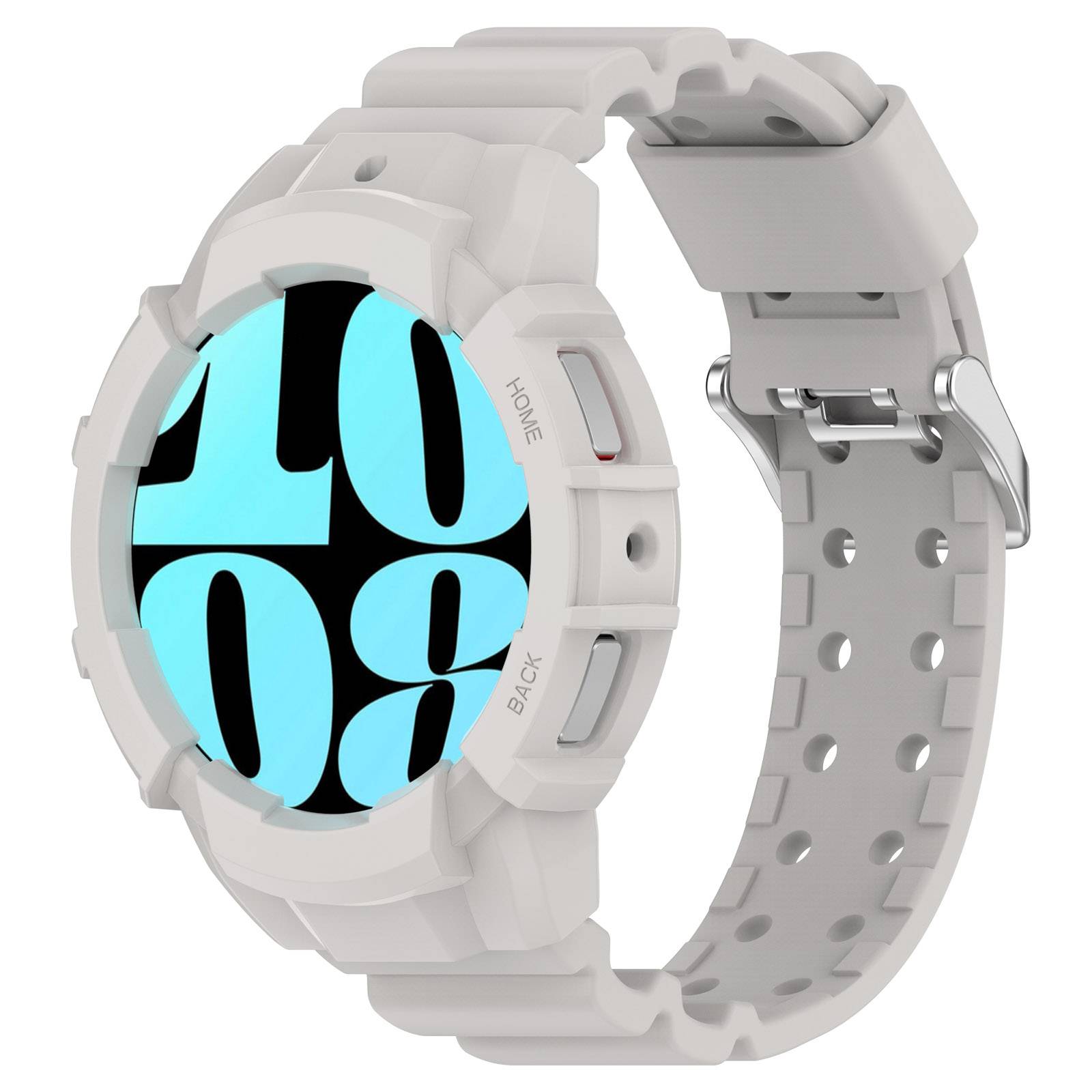 Weiße digitale Armbanduhr mit einem hellblauen Display, das große schwarze Ziffern „08