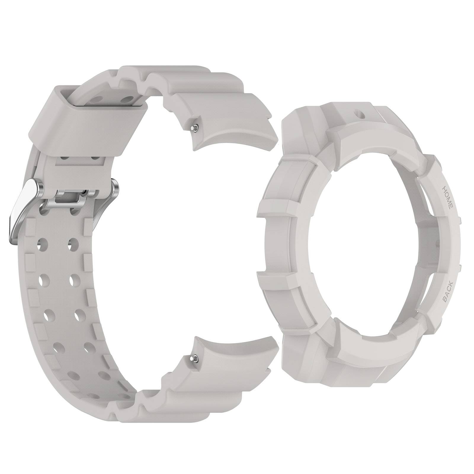 Weiches modulares Smartwatch-Armband offen gezeigt, mit perforiertem Armband auf der linken Seite und kreisförmigem Verschlussring auf der rechten Seite.